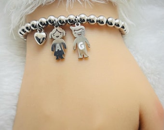 Bracelet for mothers with boy and girl charms, children's engraved initials, family bracelet, gift for mother, birth gift