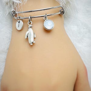 Può includere: Un braccialetto con ciondoli in argento con un ciondolo a forma di pinguino, un ciondolo rotondo con una pietra bianca e un ciondolo con la lettera "I".