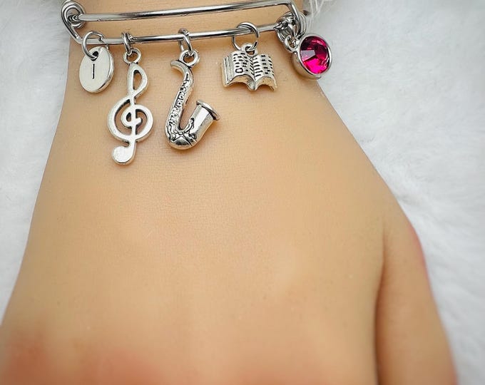Saxophone Bracelet, Music Bracelet, Musical Instrument Jewelry, Saxophone Charm, Musician Gift, Jazz Lover Gift, Christmas Gift, band camp