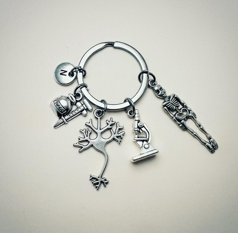 Op de afbeelding: Zilveren sleutelhanger met een verscheidenheid aan bedels, waaronder een skelet, een microscoop, een neuron, een spuit en een fles. De sleutelhanger heeft ook een bedel met de letter 'N'.