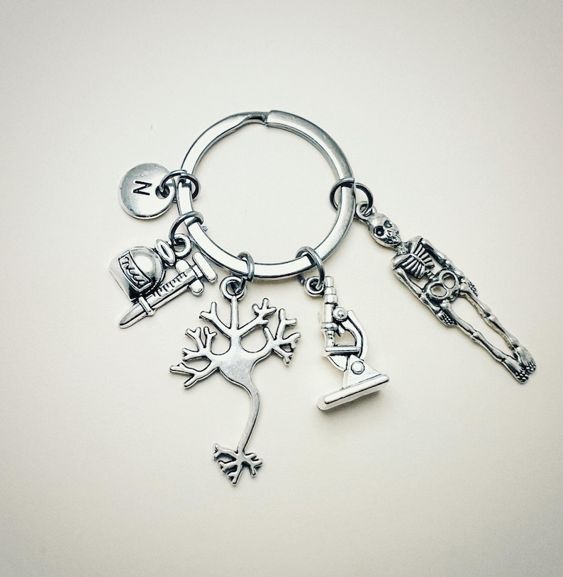 Op de afbeelding: Zilveren sleutelhanger met verschillende bedels, waaronder een skelet, een microscoop, een neuron, een flesje met een spuit en een bedel met de letter 'N'.