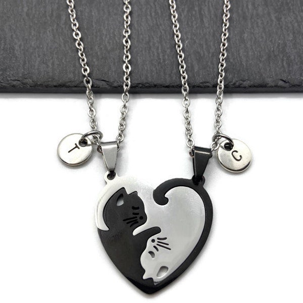 Collares de pareja personalizados, gato lindo a juego de mascotas de acero inoxidable, regalo de aniversario, regalo de San Valentín