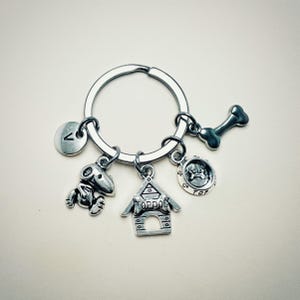 May include: Silver keychain with multiple charms, including a dog bone, a dog house with the word "Topdog" on it, a dog bowl with a bone inside, and a small dog figurine. The keychain also has a round charm with the letter "V" on it.
