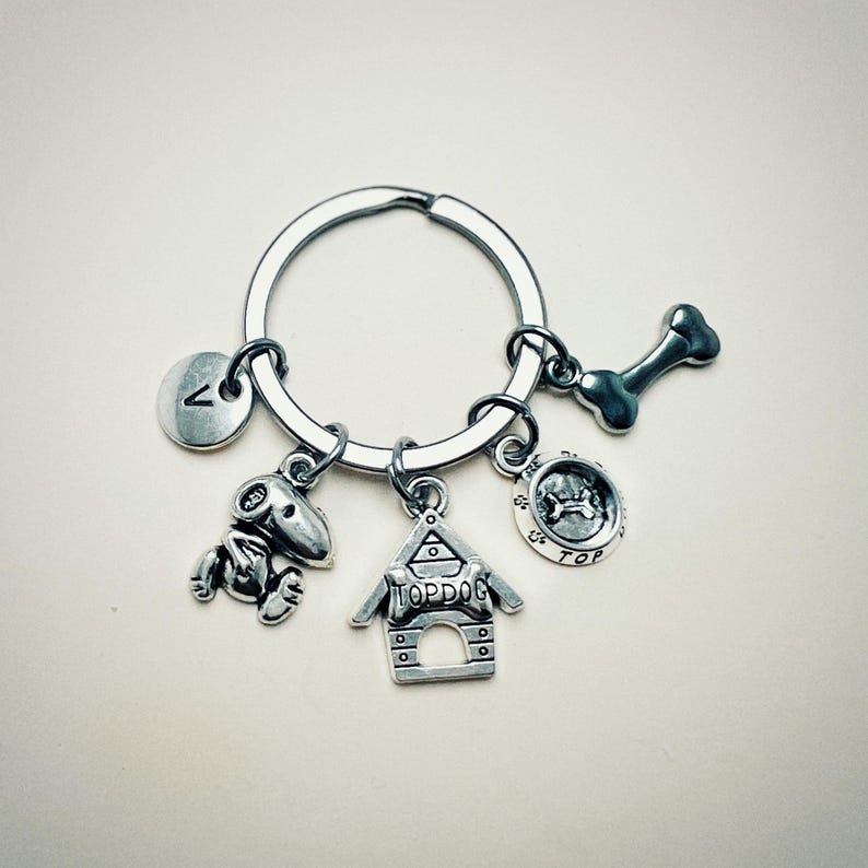 May include: Silver keychain with multiple charms, including a dog bone, a dog house with the word "Topdog" on it, a dog bowl with a bone inside, and a small dog figurine. The keychain also has a round charm with the letter "V" on it.