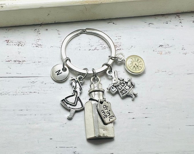 Alice in Wonderland Keychain, Rabbit Keychain, Drink Me Keychain, Wonderland Jewelry, Personalized Birthday Gift, Fairytale Gift