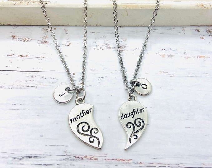 mother and daughter necklace, mum jewelry, daughter present, heart necklaces,