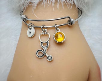 Stethoscope Bracelet, with Personalized Birthstone, Medical Graduation Gift, Heart Stethoscope Charm,Stethoscope Bracelet