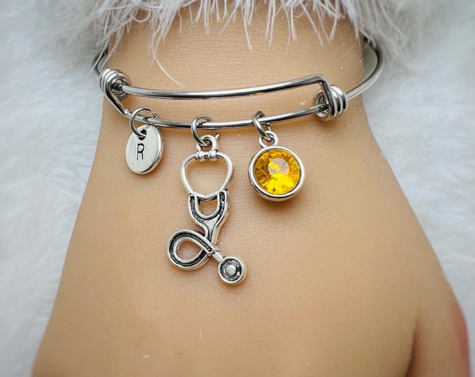 Stethoscope Bracelet, with Personalized Birthstone, Medical Graduation Gift, Heart Stethoscope Charm,Stethoscope Bracelet