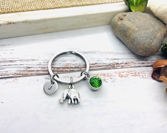 Portachiavi elefante, Regalo elefanti, Regalo porta fortuna, Portachiavi animali, Birthstone iniziale, regalo unico per lei, compleanno