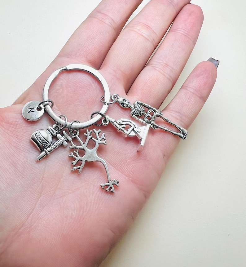 Op de afbeelding: Zilveren sleutelhanger met verschillende bedels, waaronder een skelet, een microscoop, een neuron, een flesje met een spuit en een bedel met de letter 'N'.