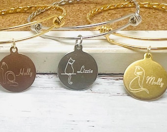 Personalized Cat Line Bracelet, Engraved Cat Disc Bracelet, Personalized Cat Pendant, Cat Memorial Jewelry, Cat Design Name Bracelet