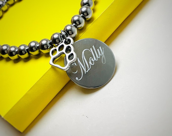Paw Print Bracelet, Engraved Bracelet, Personalized Bracelet, Stainless Steel Beaded