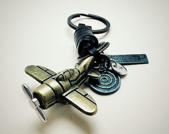 Airplane combat brass keychain, airplane charm, fighter keychain, leather and brass keychain, military airplane gift