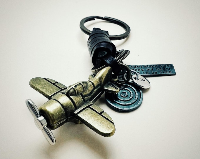 Airplane combat brass keychain, airplane charm, fighter keychain, leather and brass keychain, military airplane gift