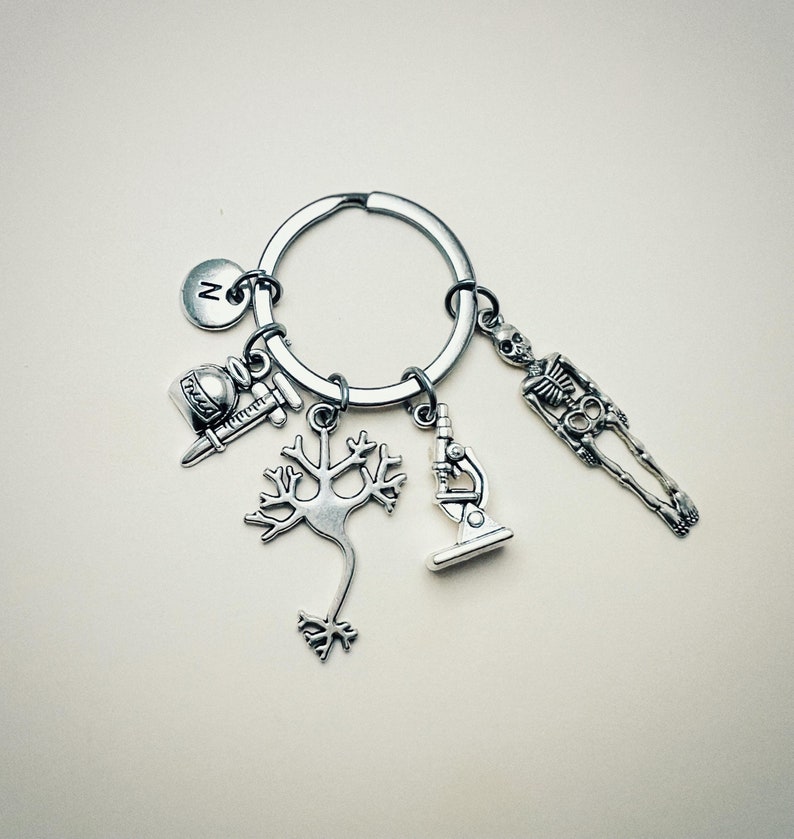 Op de afbeelding: Zilveren sleutelhanger met verschillende bedels, waaronder een skelet, een microscoop, een neuron, een spuit en een flesje. De sleutelhanger heeft ook een kleine ronde bedel met de letter "N" erop.