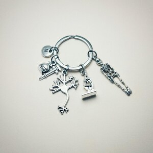 Op de afbeelding: Zilveren sleutelhanger met een verscheidenheid aan bedels, waaronder een skelet, een microscoop, een neuron, een spuit en een afstudeerpet. De sleutelhanger heeft ook een kleine zilveren bedel met de letter N.