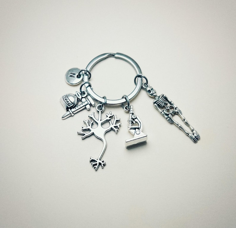 Op de afbeelding: Zilveren sleutelhanger met een verscheidenheid aan bedels, waaronder een skelet, een microscoop, een neuron, een spuit en een afstudeerpet. De sleutelhanger heeft ook een kleine zilveren bedel met de letter N.