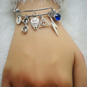 Könnte beinhalten: Silbernes Armband mit mehreren Anhängern. Zu den Anhängern gehören eine Eule, ein Blitz, ein Dreieck mit einem Kreis, ein blauer Edelstein, ein Buchstabe "R" und ein Anhänger, der wie eine Brille aussieht.