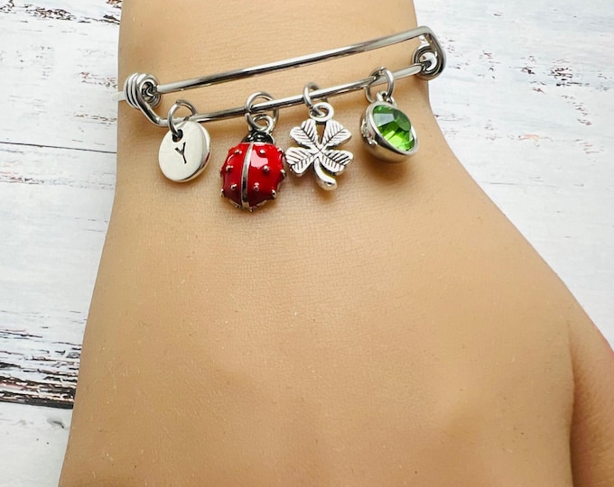 Ladybug bracelet, four leaf clover, insect gift, ladybug birthstone gift, personalized jewelry, personalized jewelry, monogram, birthstone