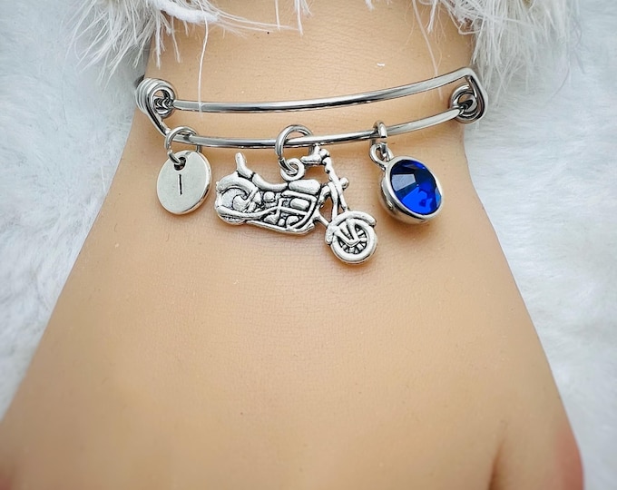 Motorcycle Bracelet, Biker Bracelet, Motorbike gifts, Gift for Girlfriend, Motorcycle Charm, Women bracelet, Charm bracelet,Monogram Bangle