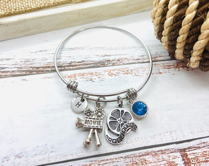 Movie camera bangle, movie camera bracelet, film, expandable bracelet, charm bangle, monogram, initial bracelet