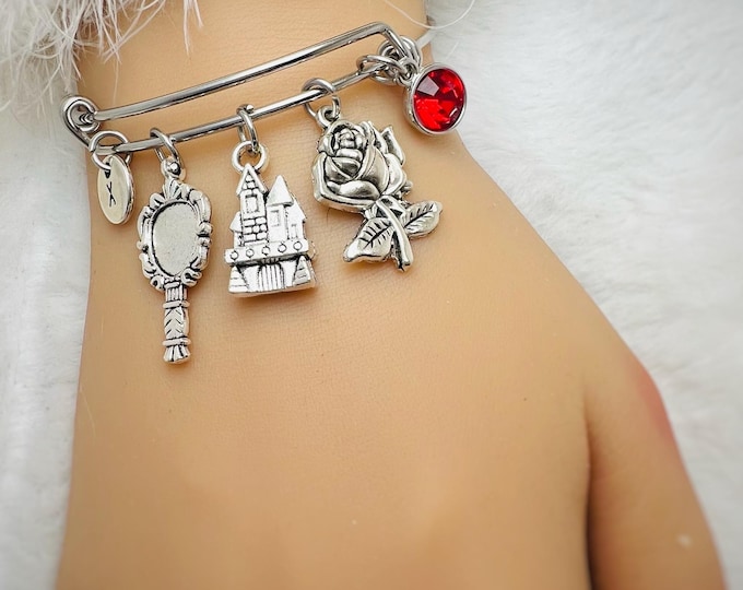 Disney Bracelet, Beauty and the Beast, Disney Wedding, Disney Bridesmaid, Disney Bracelet,Disney, Belle, Red Rose, Mirror, Castle