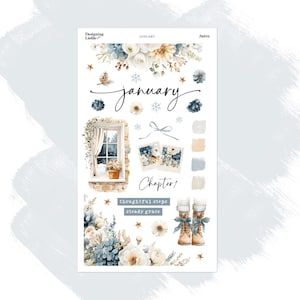 May include: A sticker sheet with a winter theme. It features floral arrangements, a window scene, and the word "January" in cursive. The color palette includes blues, whites, and beige tones. The text "Chapter 1", "thoughtful steps", and "steady grace" are also included.