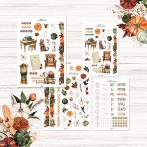 May include: Autumn-themed planner stickers with pumpkins, leaves, and cosy illustrations. The stickers include weekly calendars, decorative elements, and text like "Live Your Story". The colour palette includes orange, brown, and green.
