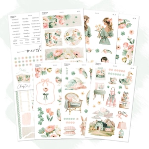 May include: A set of decorative paper stickers with floral and pastoral designs. The stickers feature illustrations of women, ducks, flowers, and furniture in pastel colours. Text includes "March" and calendar elements.