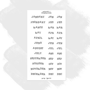 May include: A white sticker sheet featuring the months of the year in a typewriter font. Each month is listed in full, abbreviated, and a second abbreviation. The text "yearly months" and "Designing Liefde" are at the top.
