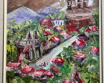 Pintura al óleo de paisaje tropical firmada: Escena de pueblo español