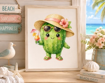 May include: A framed watercolour illustration of a green cactus wearing a straw hat with a pink hibiscus flower, sunglasses, and pink flip-flops. The cactus holds a tropical cocktail with a small umbrella and a slice of orange.