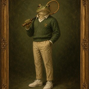 May include: A framed portrait of a frog with a human-like body wearing a green cable-knit V-neck sweater over a white collared shirt, beige trousers, and white sneakers. The frog holds a wooden tennis racket over its shoulder in a gold frame.