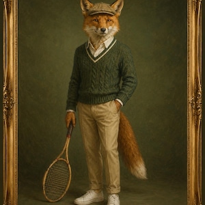 May include: A framed portrait of a fox dressed in a green cable-knit V-neck sweater, a white collared shirt, a tan flat cap, and beige trousers. The fox holds a wooden tennis racket and wears white sneakers, presented in an ornate gold frame.