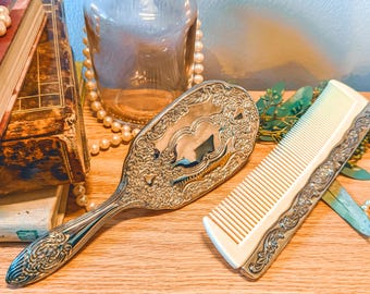 Vintage Silver-Plated Vanity Hairbrush Comb Two-Piece Set
