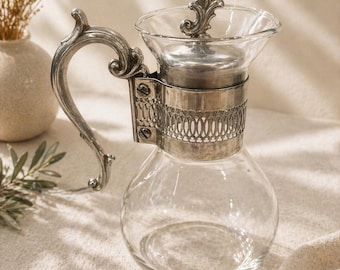 Vintage Corning Heatproof Glass Pitcher with Silverplate Holder and Ornate Handle