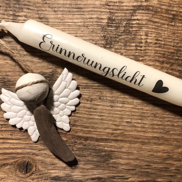 Kleiner Engel (ca. 9-11 cm) mit Erinnerungslicht (ca. 18 cm). Ein mitfühlendes Geschenk, dass Trost spenden kann und Anteilnahme ausdrückt.