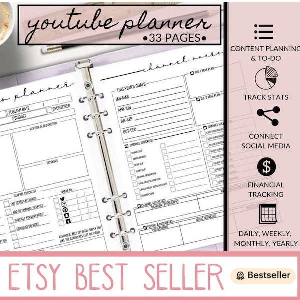 Youtube Video and Channel Planner with Instagram Twitter Facebook Snapchat and Pinterest | For Social Media Influencers | Youtuber Planner