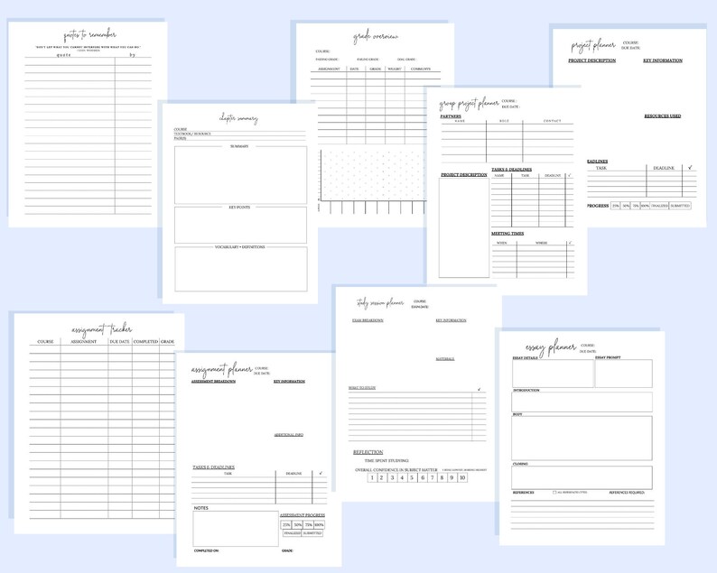 Student Planner Inserts for Studying Grades Exam Assignment Etsy