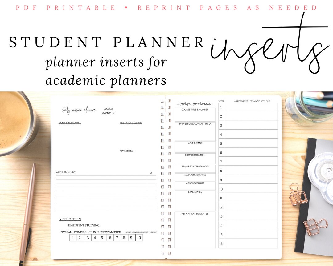 Student Planner Inserts for Studying Grades Exam Assignment Etsy