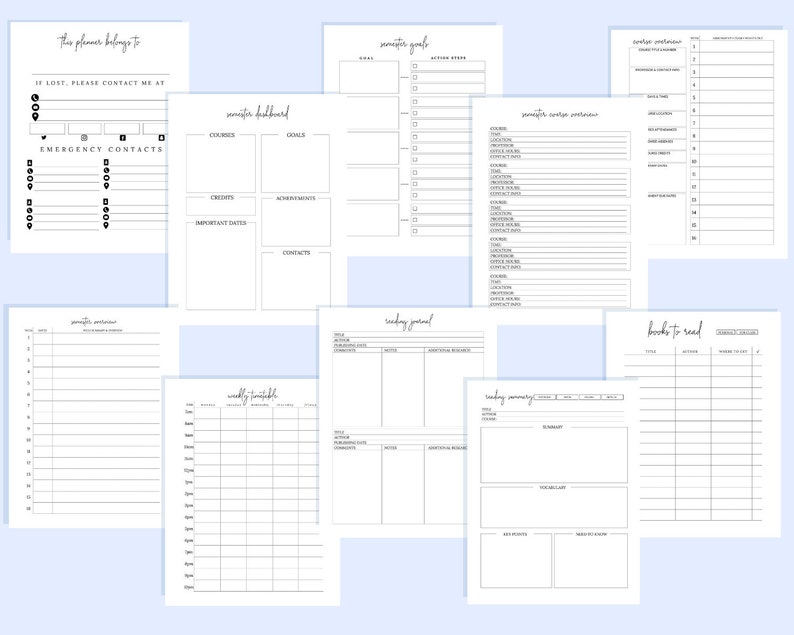 Student Planner Inserts for Studying Grades Exam Assignment Etsy