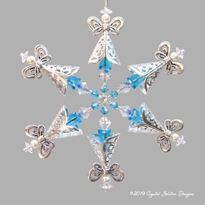 Angel Ornament,Beaded snowflake with Swarovski crystal beads & pearls, silver-plated filagree Angels, Tibetan silver wing beads