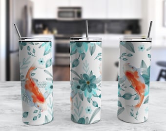 Koi Fish Floral Skinny Tumbler 20oz Travel Coffee with Lid and Straw Stainless Steel Insulated Hot or Cold, Cute Skinny Tumbler