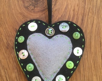 Handmade felt button heart - hanging keepsake.