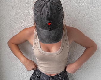 Vintage-Washed Heart Dad Hat // Trendy Adjustable Black Denim Baseball Cap