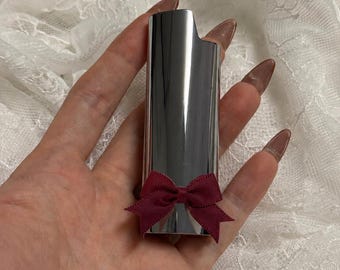 Silver Chrome Lighter Case with Burgundy Bow | Cute Girly Lighter Cover | Wine Aesthetic Lighter Sleeve | Gift for Her | Coquette Pink
