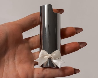 Silver Chrome Lighter Case with Ivory Bow | Cute Girly Lighter Cover | Aesthetic Lighter Sleeve | Gift for Her | Coquette White