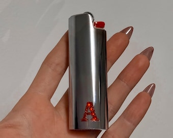 Custom Red Sparkle Initial Lighter Case | Personalized Bachelorette Gift | Bridesmaid Favor | Silver Chrome Cute Monogram Lighter Sleeve