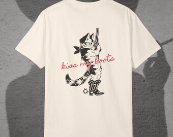 Comfort Colors Western Kitty Tee: "Kiss My Boots" Cat Graphic
