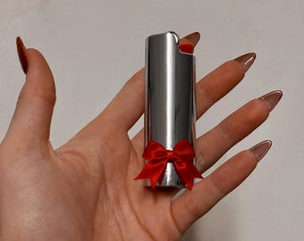 Chrome Lighter Case with Red Bow – Cute Gift for Her, Refillable Lighter Sleeve, Aesthetic Lighter Cover, Girly Accessory, Stocking Stuffer